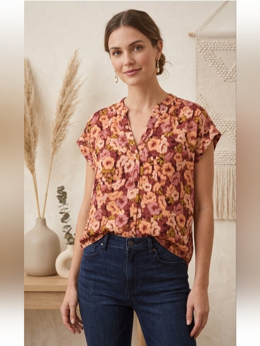 Vince Camuto Floral-Print Split-Neck Short-Sleeve Top Size L